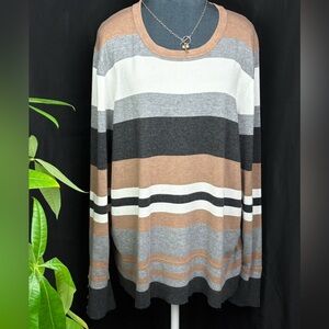 Investments Striped Crewneck Sweater Earth Tones Tan Grey Black White Size 2X